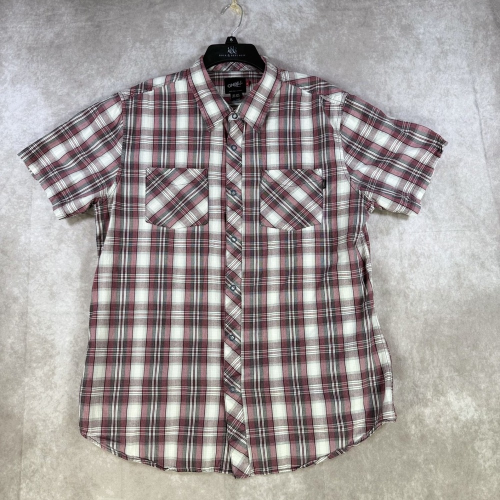 Oneill Shirt Men XL Red Gray Plaid Snaps Short Sleeve Casual Western Logo Pocket